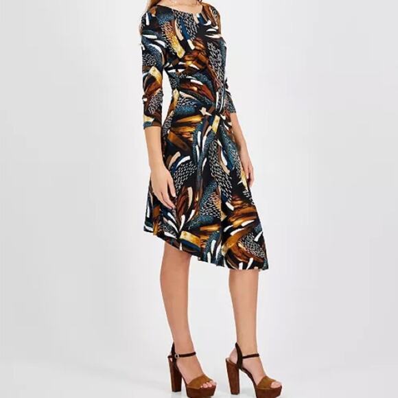 Robbie Bee Petite 3/4-Sleeve Asymmetrical-Hem Dress Teal Multi Women’s Sz PM - Picture 4 of 10